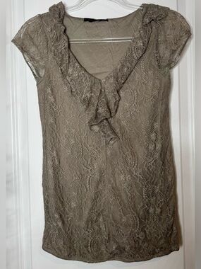 Maurices Neutral Taupe Knit Top with Subtle Texture lace short sleeve SM stretch